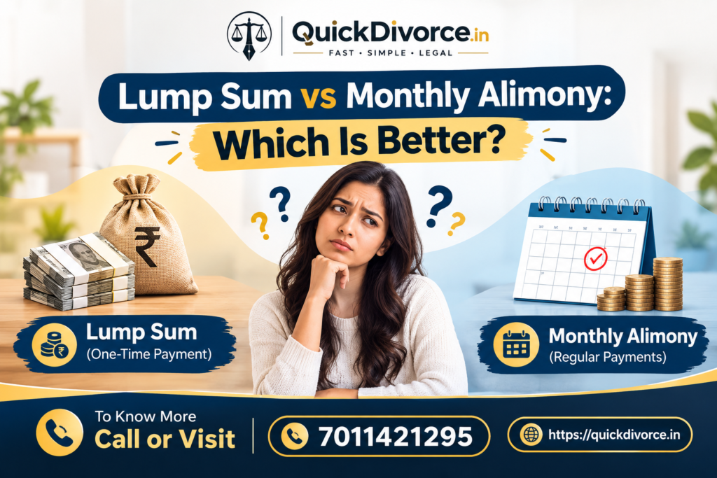 Alimony in India: Types, Rules & Calculation (2026 Guide) 2 lump-sum-vs-monthly-alimony-in-india-view-all-details-on-quickdivorce.in